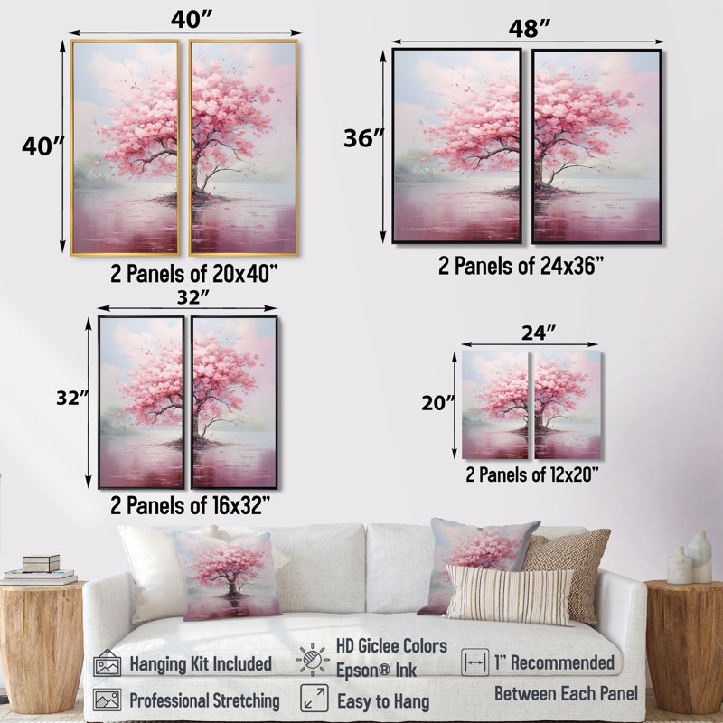 «Pink Cherry Blossom Romantic Impression III», art mural sur toile traditionnel rose, H 40 po x l 40 po, Brun