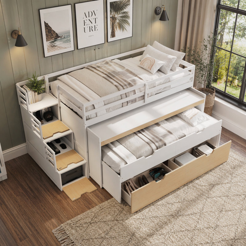 Lit mezzanine avec bureau coulissant, lit gigogne et marches de rangement, Extra-long Twin, White