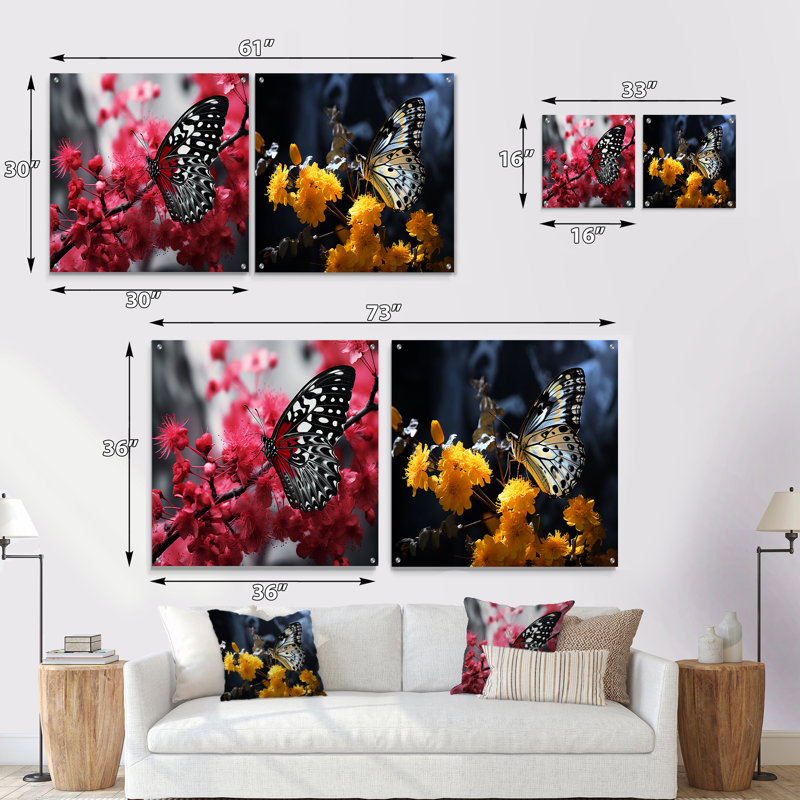 Red Grey Butterfly Haven II - Butterfly Acrylic Wall Art Glass Set Of 2, 16" H x 33" W