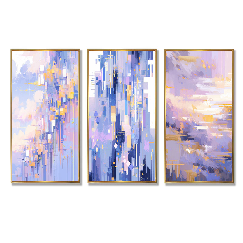 «Contemporary Lavender Bold Illumination - Ensemble de 4 décorations murales géométriques abstraites, Cadre flottant doré