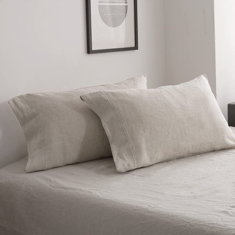 100%  Linen Pillowcase Queen Size-Set Of 2- Washed Solid Colour Pillow Cases Embroidered -Soft And Durable (Linen, 20''X30'')
