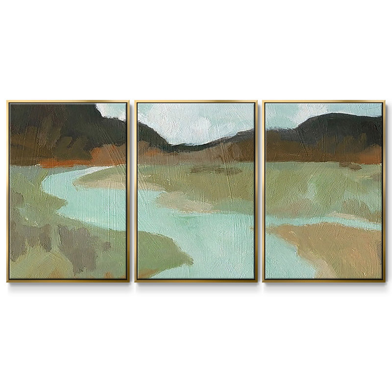 Coldwater Hills II, peinture sur toile 3 pièces, H 40 po x l 78 po, Encadrement doré