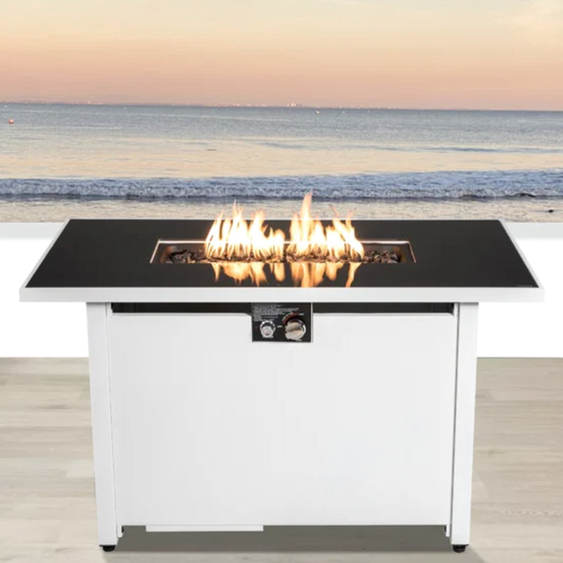 White 43" Rectangular Fire Pit With Smoked Glass - 50,000 Stainless Steel Outdoor Entertainment Spot Hidden Propane Tank Compartment 50000 Construction Year-Round Use Access Door