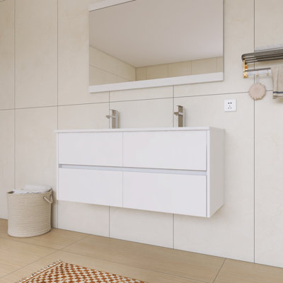Ensemble de meuble-lavabo double 48 po | Plateau en céramique, tiroirs en U à fermeture en douceur et tout en bois