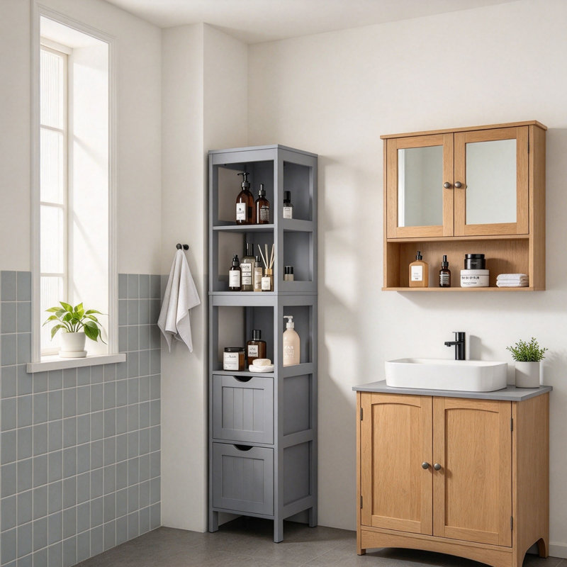 Corner Linen Cabinet 142 x 30 x 30 cm, with 2 Drawers