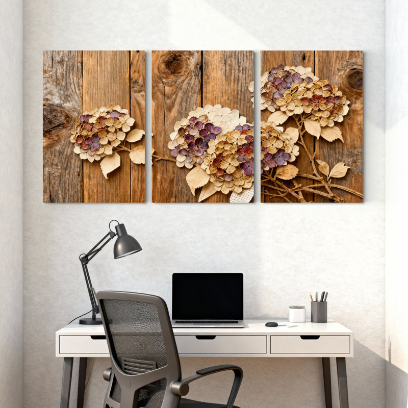 Fleurs d'hortensia séchées sur toile de bois rustique, art mural, impression florale (ensemble de 3), H 30 po x l 60 po