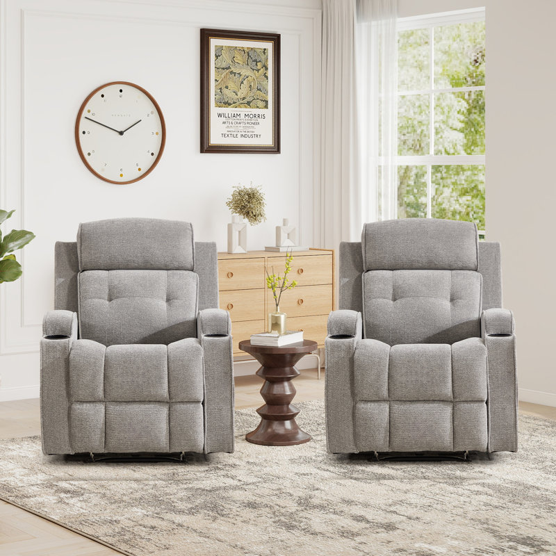 31.5'' Wide Manual Recliner Chair With Dual Cup Holders And Soft Microfiber Upholstery(Set Of 2), Light Gray