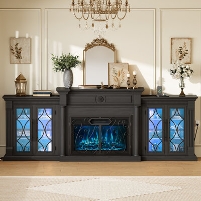 104" Farmhouse Modular Sectional Fireplace Tv Stand,Entertainment Center With Led Lighting And Outlet& Storage Cabinets, Large Media Console Table With 30" Electric Fireplace Colorful Flames&Retro Scrollwork Doors, Black