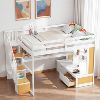 Lit mezzanine avec bureau, tablettes, 2 tiroirs intégrés et escalier de rangement