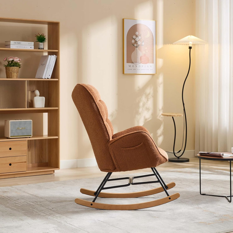 Fauteuil à bascule, fauteuil à bascule avec dossier et poche plus grands, fauteuil d'appoint rembourré, Brun