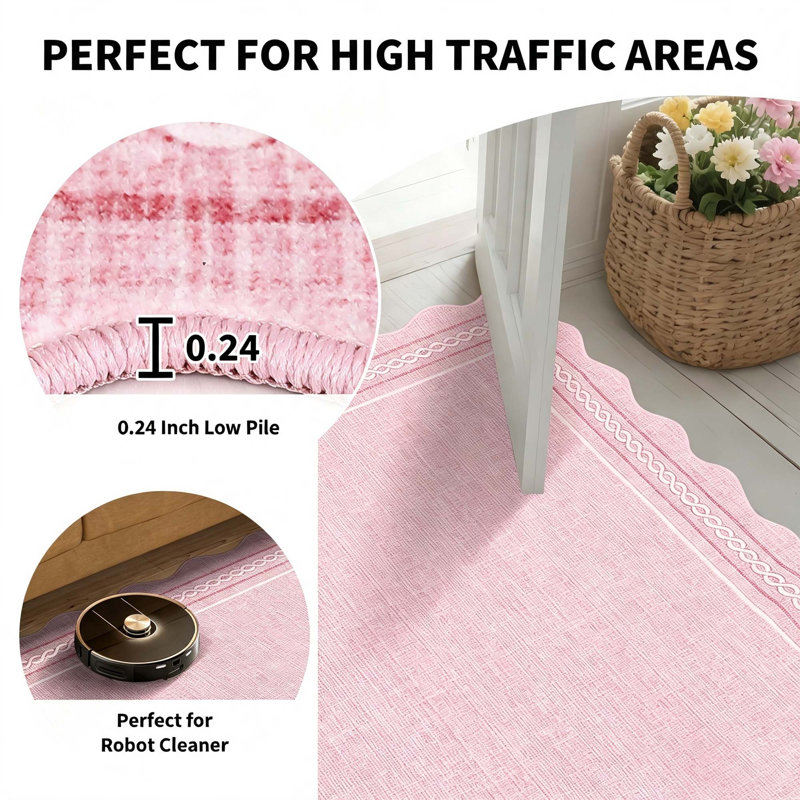 Tapis lavable à bords festonnés avec envers antidérapant, Pink, 10*14ft