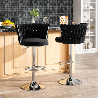 Bar Stools Set Of 2, Velvet Upholstered Bar Chairs With Black Metal Legs, Backs And Footrest Counter Height Bar Stools, Modern Bar Chair For Kitchen I by Mercer41