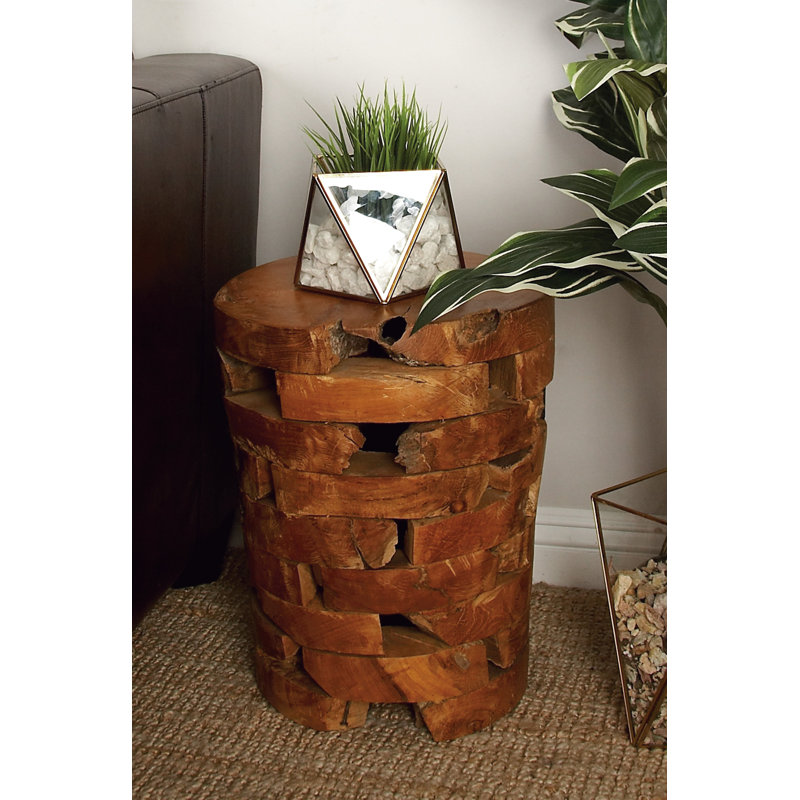 Dovray Teak Wood Handmade Live Edge Accent Table with Brick Inspired Design 14" x 14" x 18", Light Brown