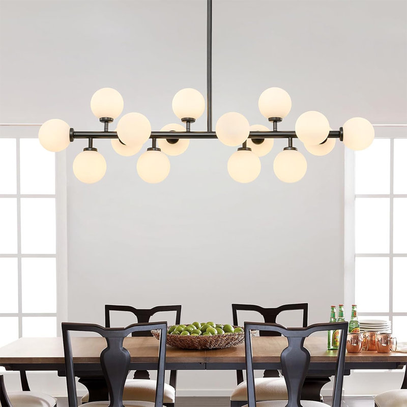 Lustre moderne de style Mid-Century à 16 lumières: lustres linéaires noirs Spoutnik de 40 po - Luminaire sphérique en verre blanc laiteux - Long lustre suspendu moderne pour îlot de cuisine de salon