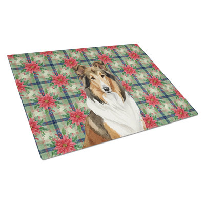 Sable Collie Christmas PoinsettIas Glass Cutting Board