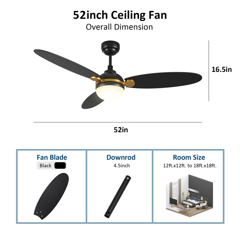 52 Inch Black Smart Ceiling Fan with Light