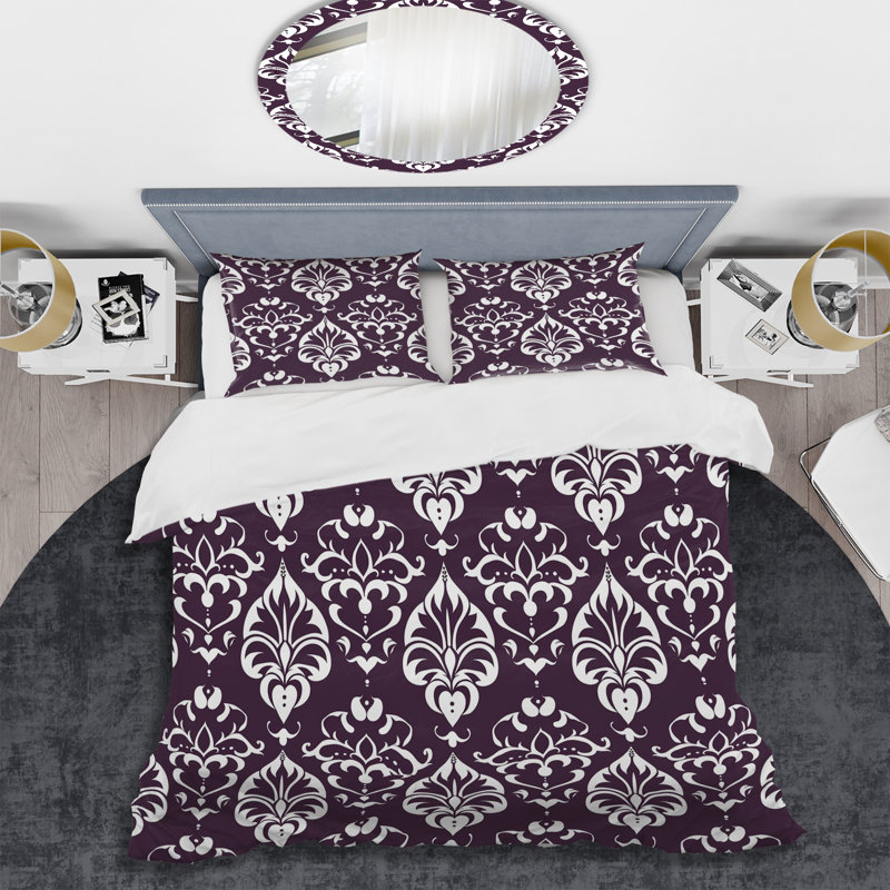 Ensemble de housse de couette moderne mauve blanc damassé Elegance III, Housse de couette simple et deux taies décorative