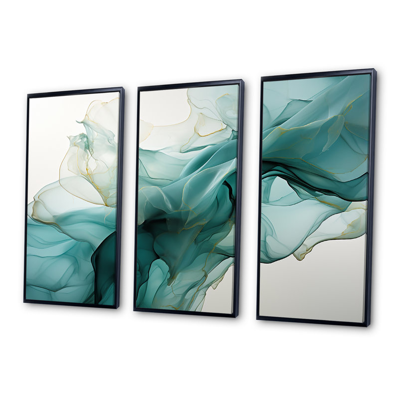 «Green and Grey», art mural abstrait à l'encre liquide II, H 28 po x l 36 po x P 1 po, Cadre flottant noir
