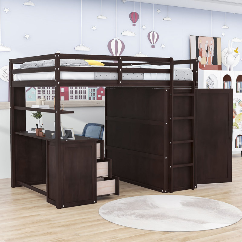 Lit mezzanine avec tiroirs Heathyr Kids, Espresso, Lit double
