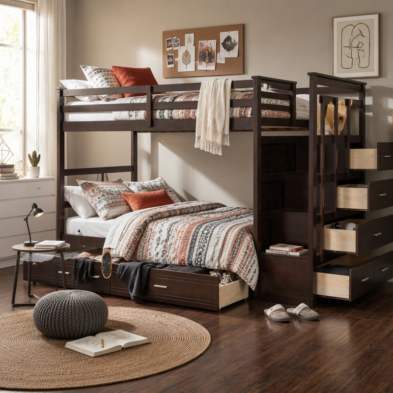 Twin Over Twin Bunk Bed with 2 Drawers and Staircase, Espresso