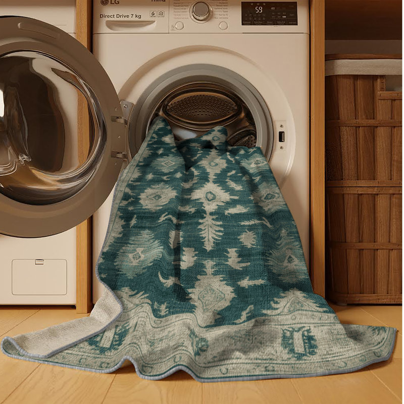 Machine Washable Overdyed Green Area Rug, Square 3'
