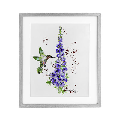Delphiniums and Hummingbird Framed Print Under Glass, design by Susan Lugar