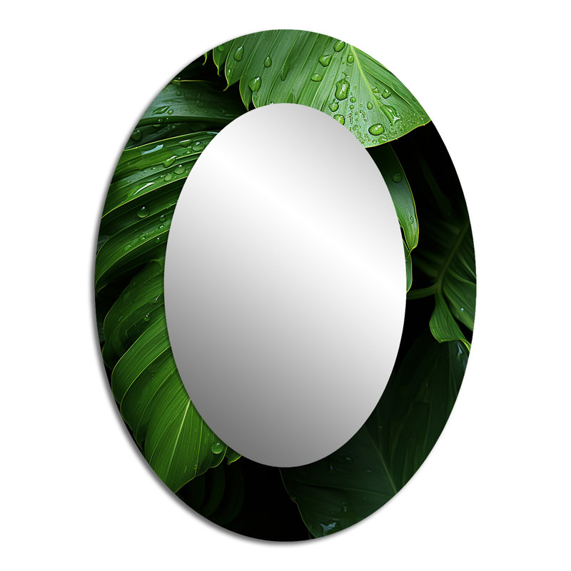 Palm Leaves Serenity - Green Tropical Oval Wall Mirror, 40" H x 30" W