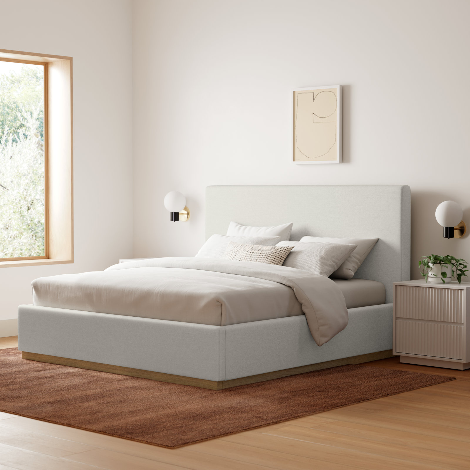 Citori Linen Upholstered Bed, King, Cream Linen Textured Fabric