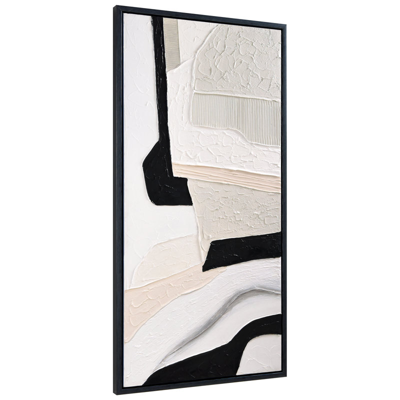 Monochrome Abstract Black and White Textured Canvas Painting, 24" x 48"