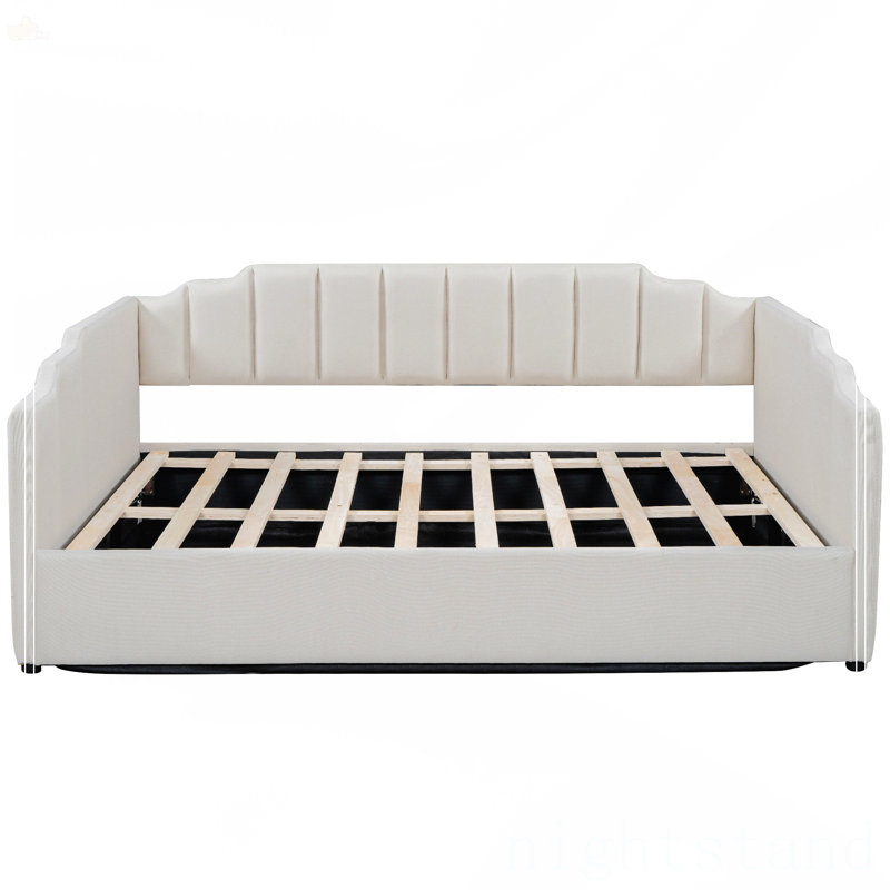 Lit de jour rembourré avec rangement inférieur, Beige, Double