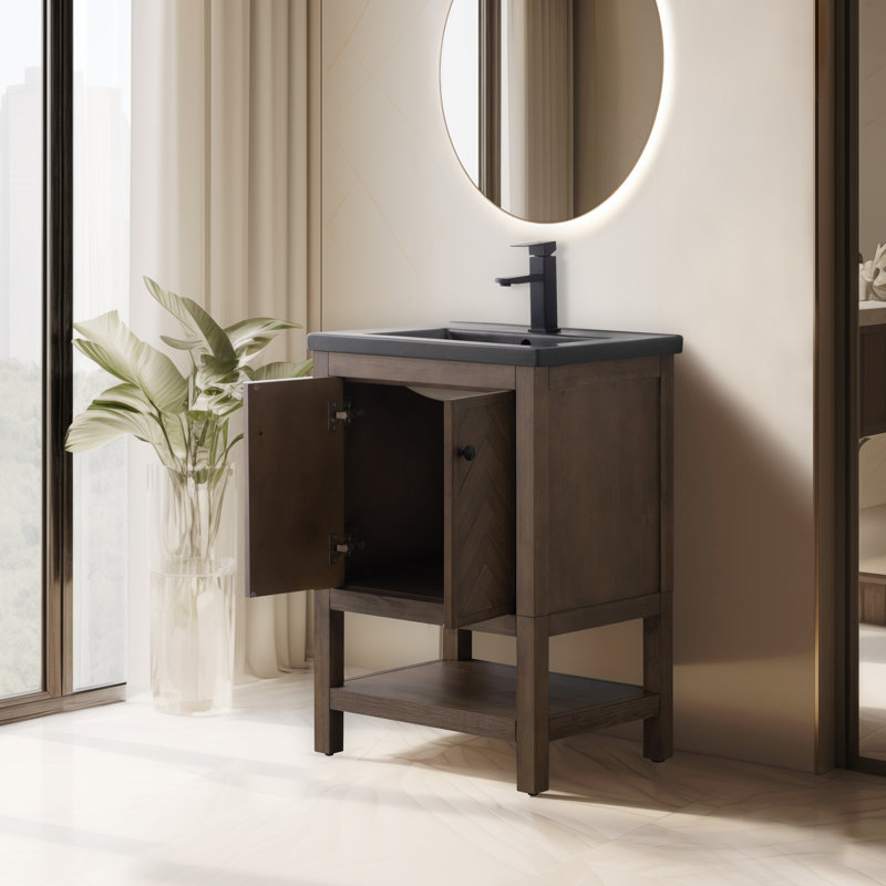 Chazden 24" Freestanding Herringbone Design Single Bathroom Vanity with Ceramic Top, Black, Brown, Matte Black