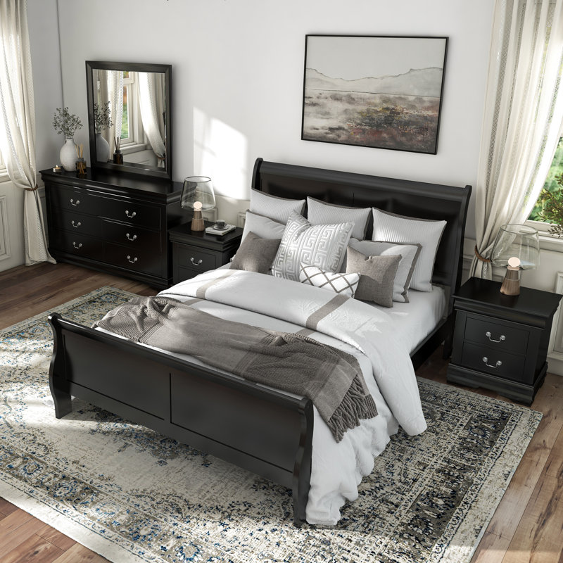 Ensemble de chambre à coucher Emelinda, Noir, Cinq pièces : Lit, 2 tables de chevet, commode, m, Grand