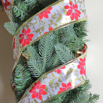 Red and Gold Poinsettia Print Wired Christmas Craft Ribbon 2.5" x 10 Yards