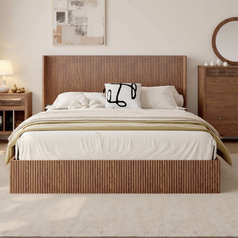 King Size Hydraulic Lift Storage Bed - Rustic Brown Wood Platform Bed Frame with 1000lb Capacity, No Box Spring Needed, American Artsy Design