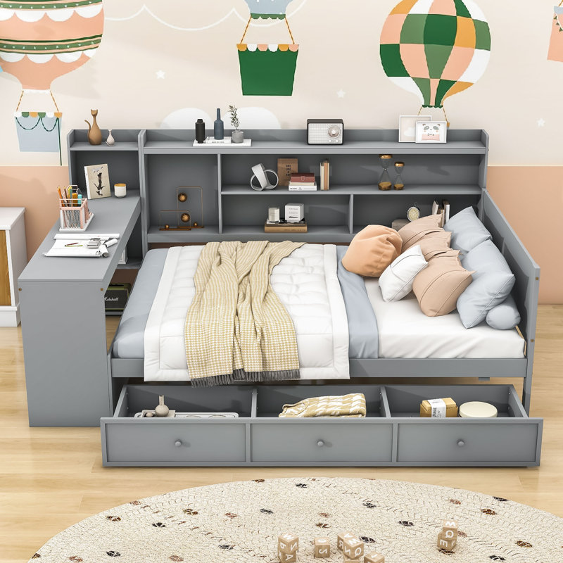 Lit de jour Assante avec bureau intégré et tiroirs de rangement intégrés, Gris, Double