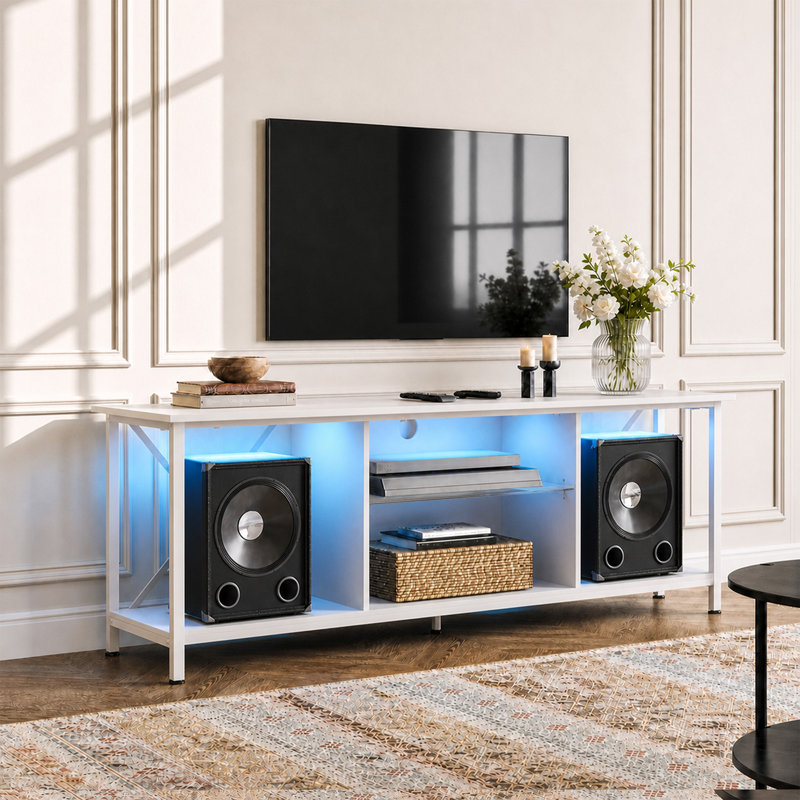Meuble télé 55 po pour téléviseur 65 po avec DEL, console de télévision industrielle avec tablette de rangement ouverte, centre de divertissement avec structure en métal robuste