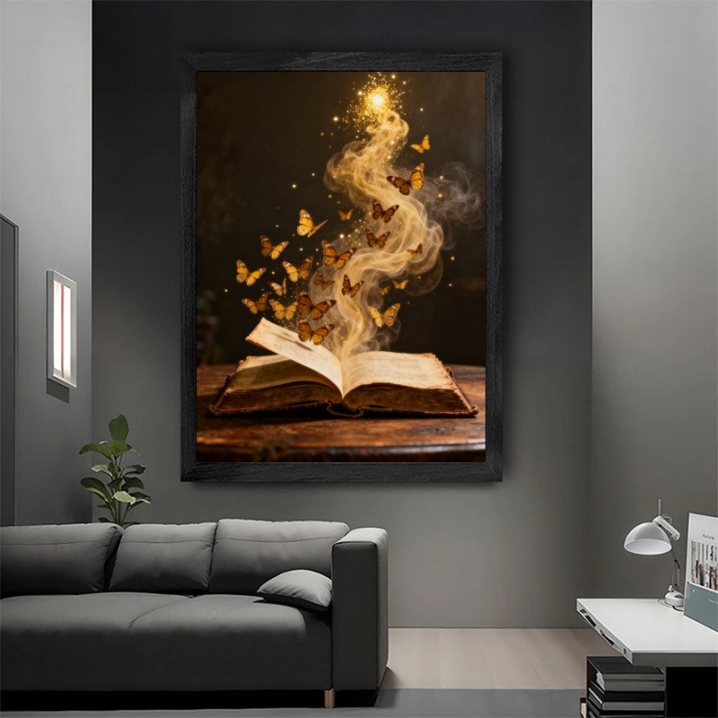 Reproduction d'art encadré noir avec papillon doré et livre mystique, H 17 po x l 13 po