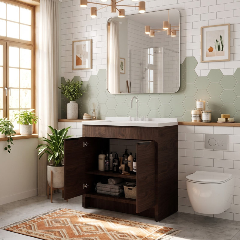 Meuble-lavabo autoportant 36 po avec comptoir en marbre de culture et porte à fermeture en douceur, Brown, Carrara White