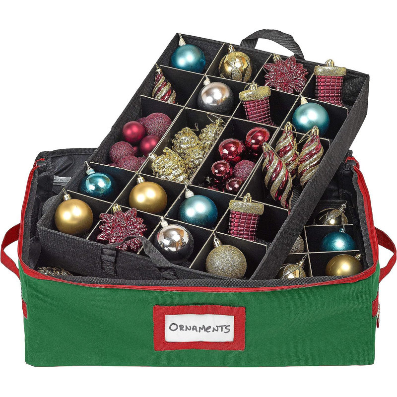 Underbed Christmas Ornament Storage Box With Dividers, 2 Individual Removable Trays Fits Up To 48-3", Green