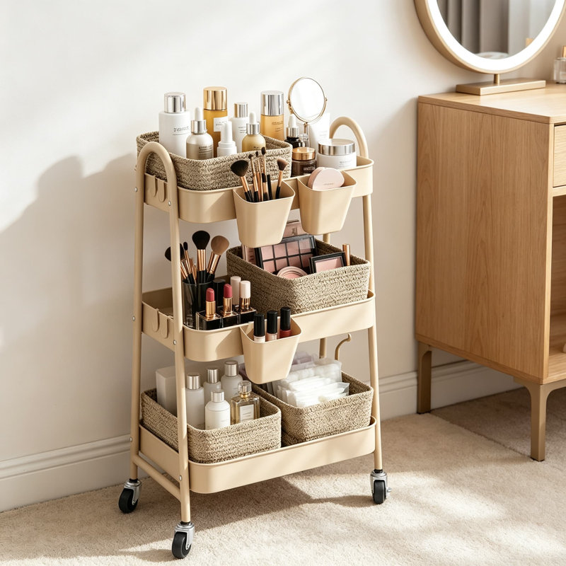 Chariot utilitaire à roulettes avec paniers tressés, organisateur de rangement mobile pour chambre d'enfant, cuisine, atelier de loisirs créatifs, salon, spa à domicile, salle de bain, structure en métal sur roulettes verrouillables, brun
