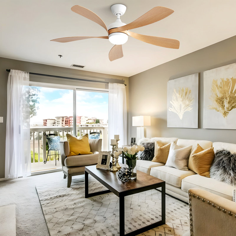 52 Inch Modern Ceiling Fan With 3 Color Dimmable Led Light 5 ABS Blades Remote Control Reversible DC Motor, Oak, White