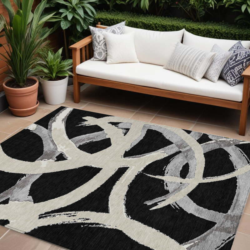Tapis intérieur lavable abstrait 10 pi x 14 pi noir ivoire et gris