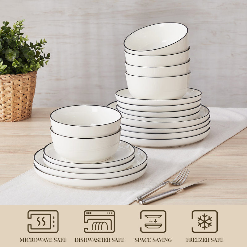 Piece Porcelain China Dinnerware Set - Service for 6, Black/White/Ivory