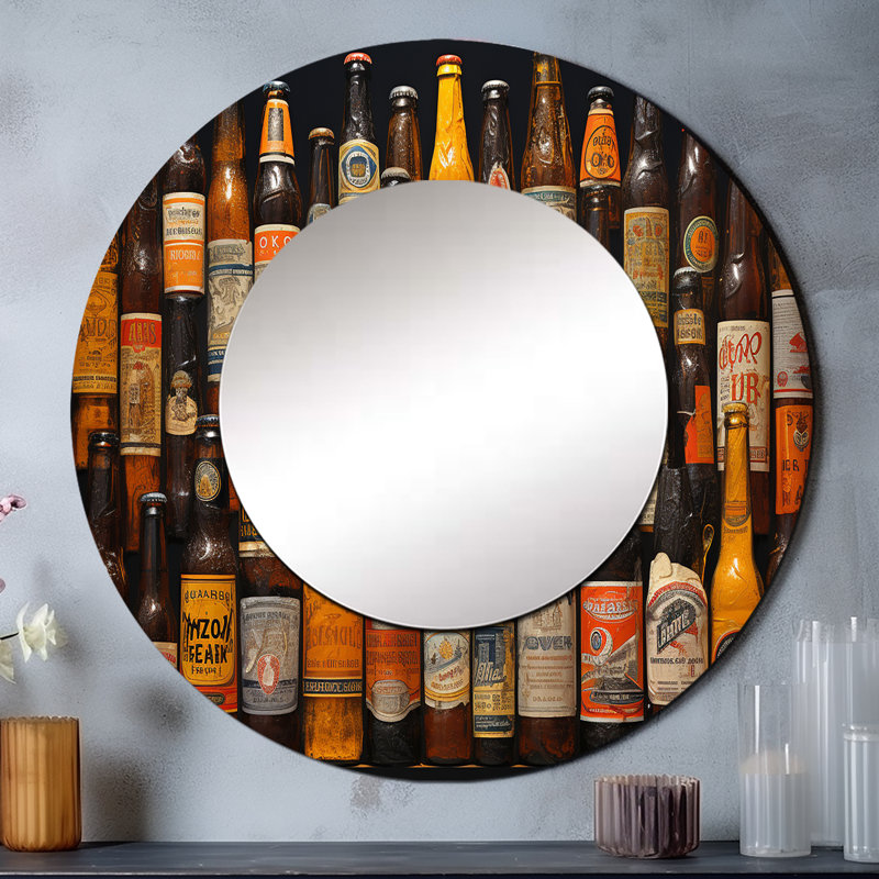 Shadoe Beer Bottles Collage IX - miroir unique à bière, grand miroir mural rond orange, impression d'art en métal