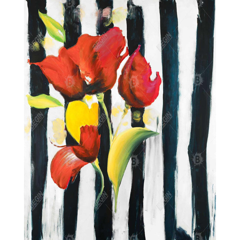 Fleurs rouges sur rayures | Décor contemporain en toile