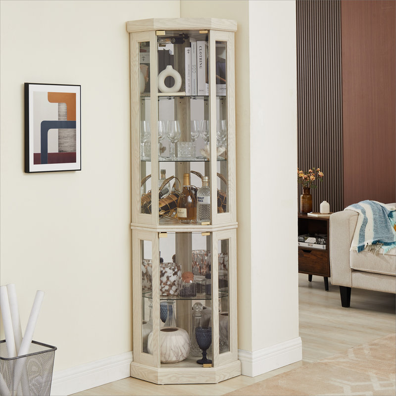 Lighted Corner Curio Cabinet - Display Case for Living Room, Antique Collectibles, Wine & Bar Glass Storage - Elegant Corner Design with Lights Included- White