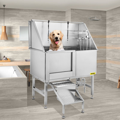 50 Inch Dog Grooming Tub, Professional Stainless Steel Pet Dog Bath Tub, With Steps Faucet And Accessories Dog Washing Station Left Door