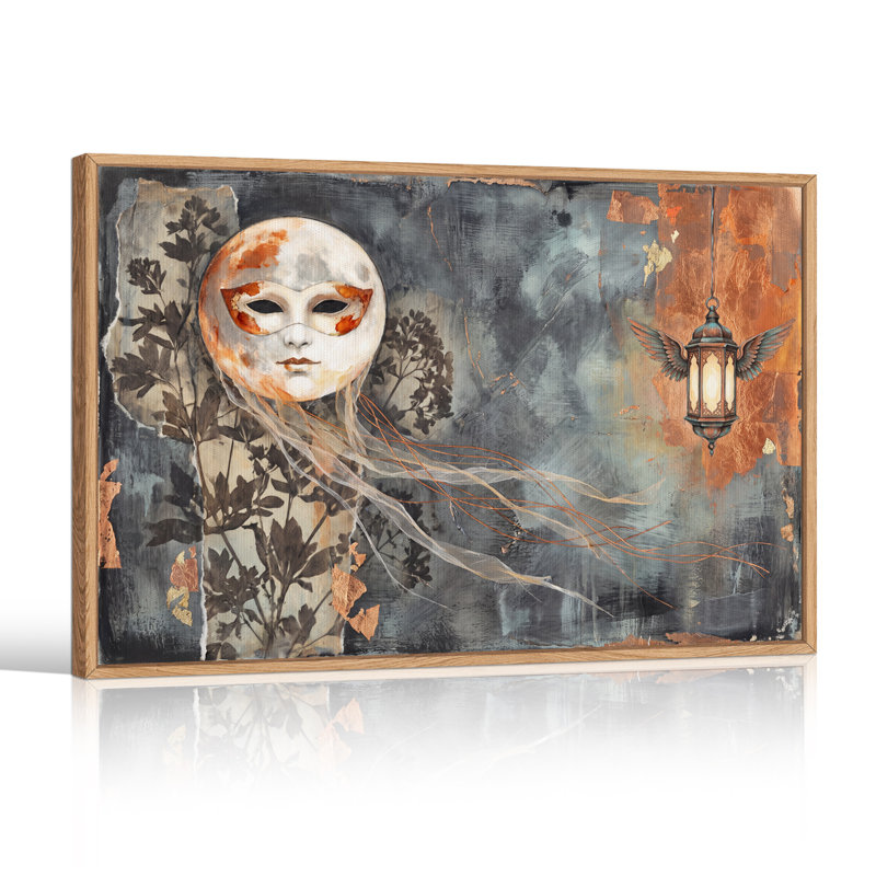 Art mural sur toile, masque blanc et lanterne ailée en texture cuivre, H 18 po x l 24 po
