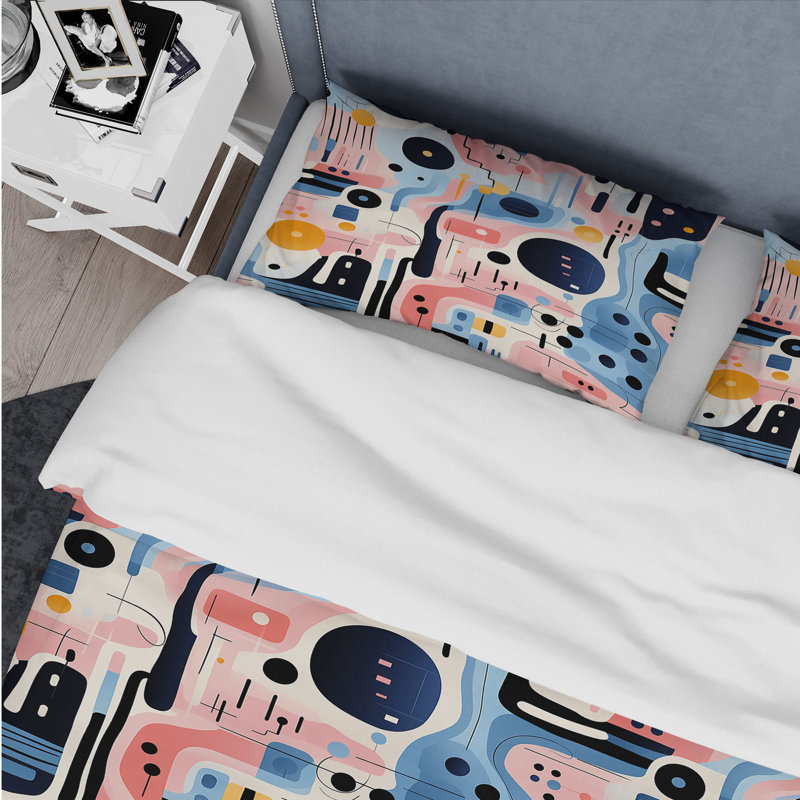 Ensemble de housse de couette bleu et rose Mid-Century, Housse de couette pour très grand lit et 2 très
