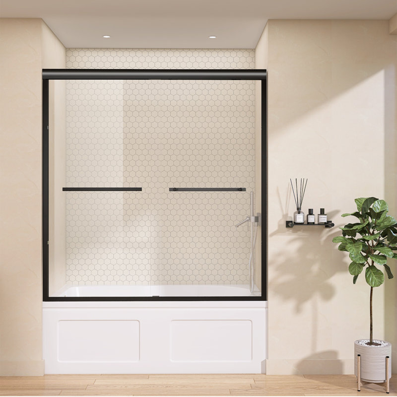 56" - 60'' W X 62'' H Double Sliding Tub Door Semi-frameless Matte Black Shower Screen Bypass Aluminum Alcove Door with Clear Tempered Glass